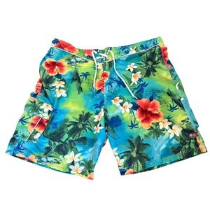 Solitude Mens Tropical‎ Hibiscus Palm Tree Board Shorts Blue Green Size 38